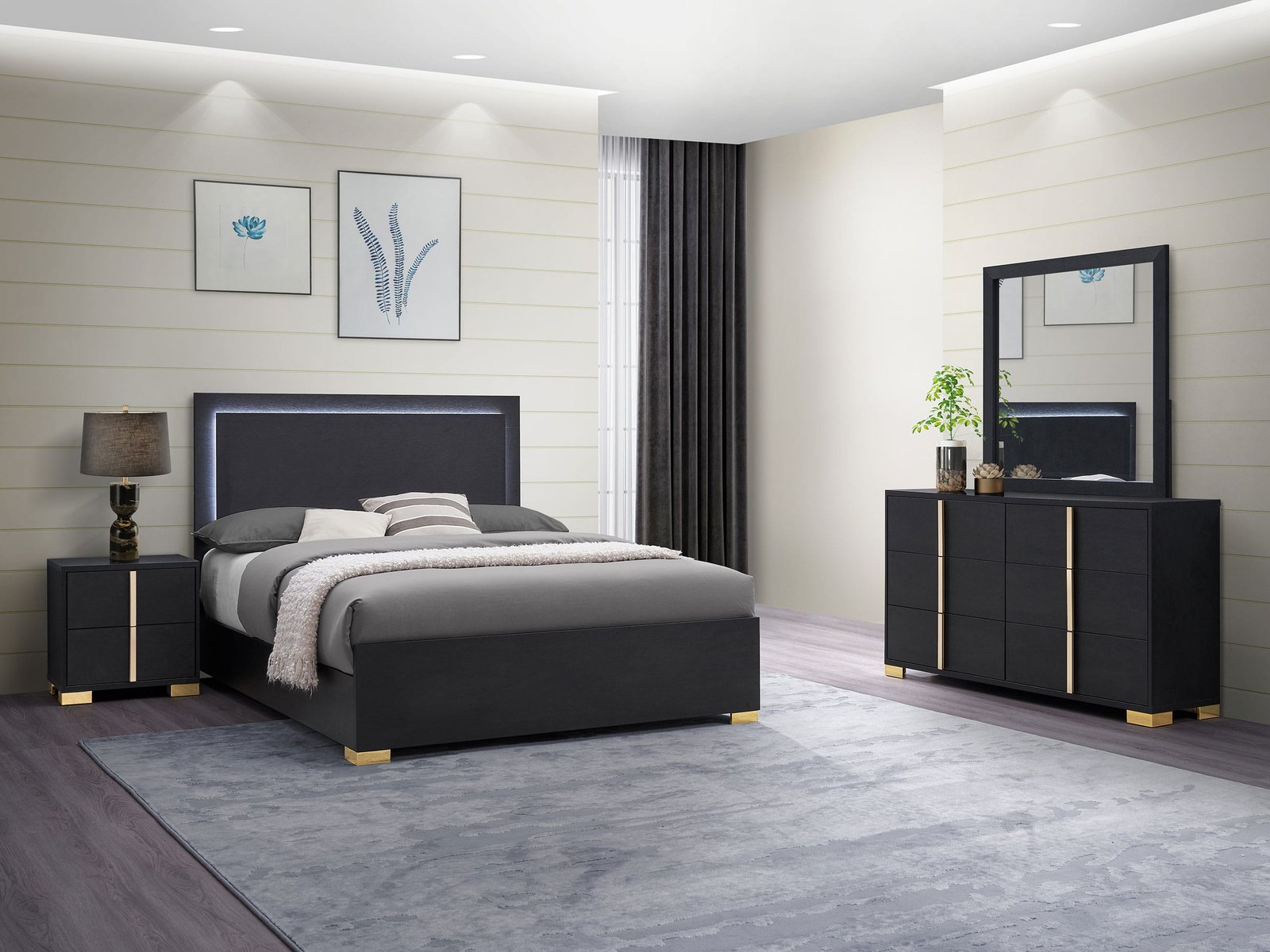Marceline LED Headboard Bedroom Set White & Black - Image 2