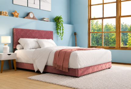 Starlett Velvet Upholstered Bed In Pink Color