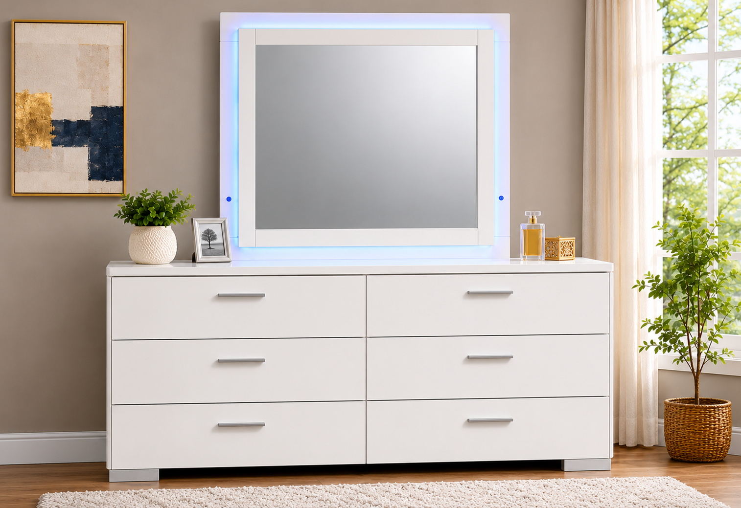 Felicity 6-Drawer Dresser with LED Mirror in White High Gloss - 203503ML