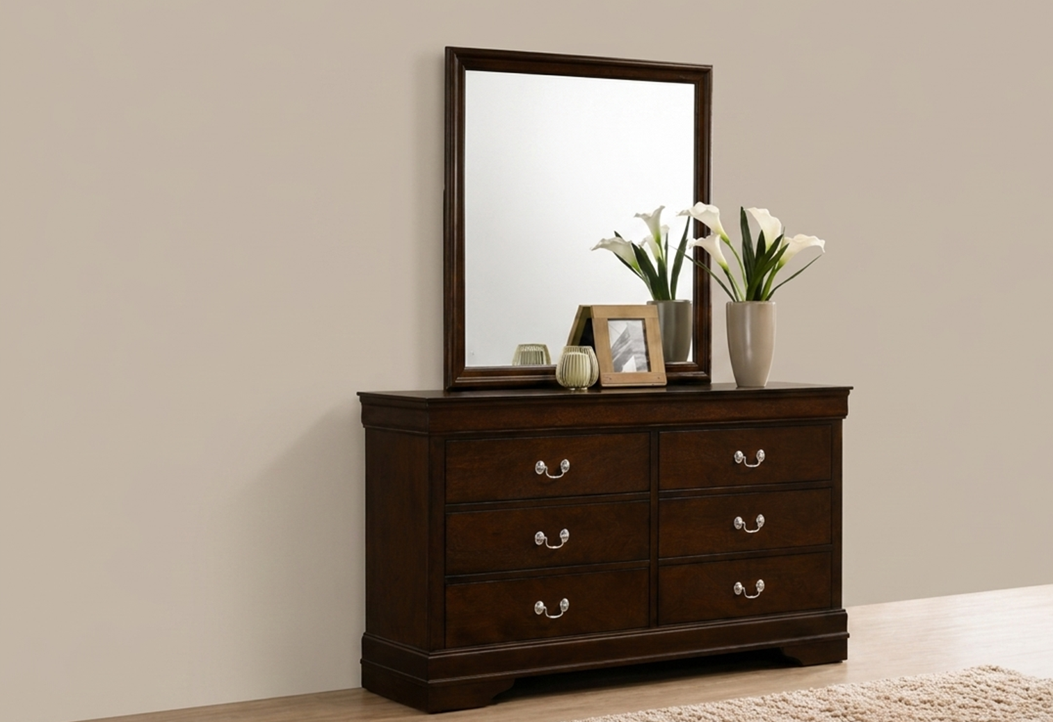 Louis Philippe 6-drawer Dresser with Mirror Dark Brown