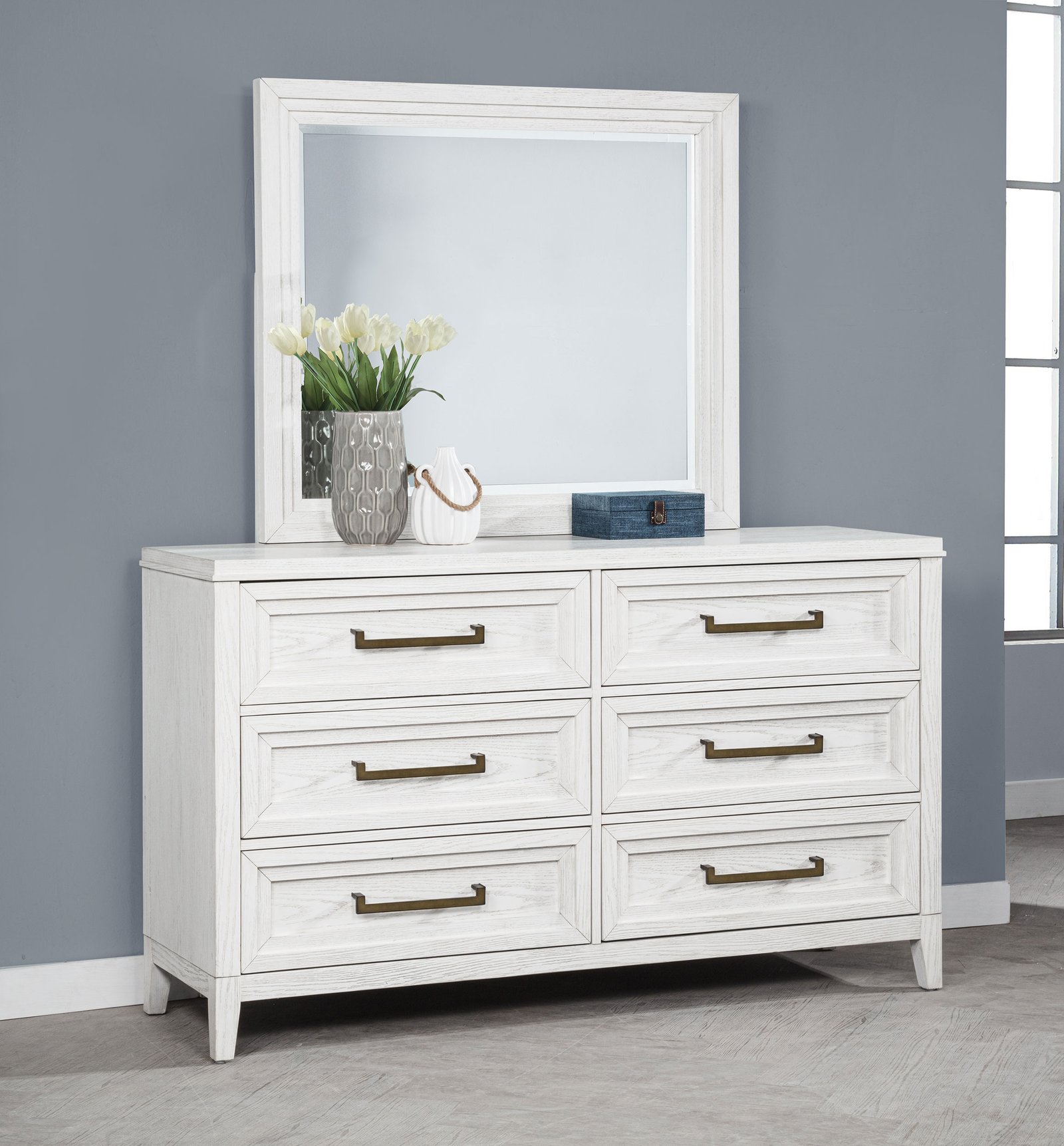 Marielle 6-drawer Dresser with Mirror Distressed White Dresser - Image 7