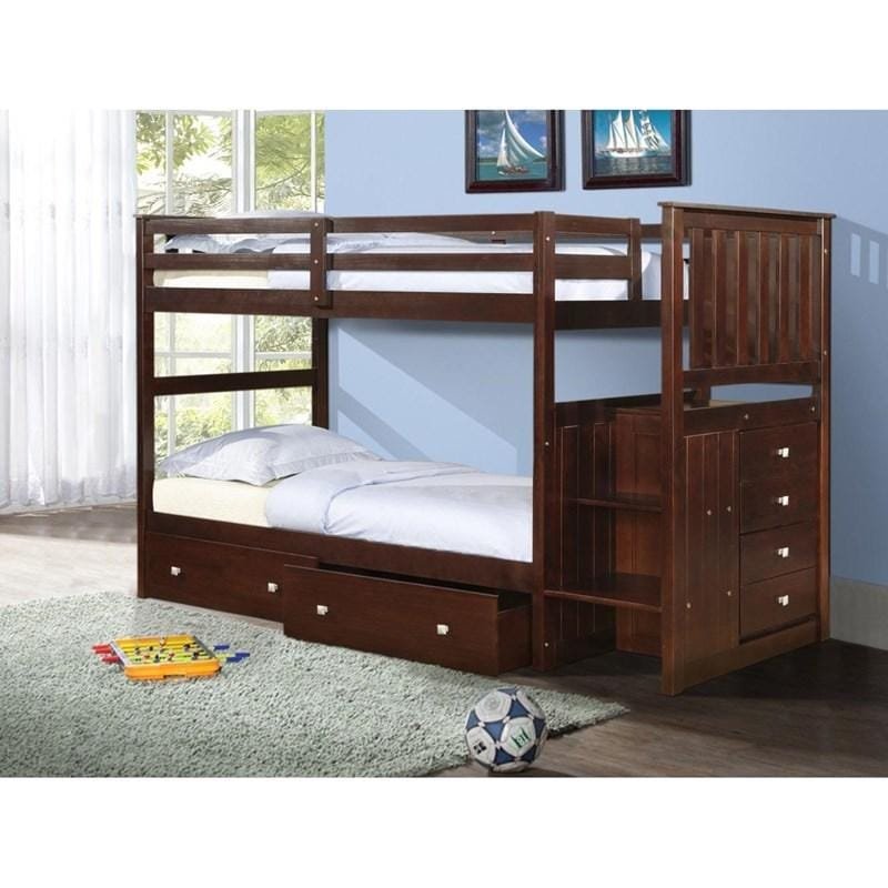 Mission Stairway Twin Over Twin Bunkbed Dual Underbed Drawers Dark brown - Image 3