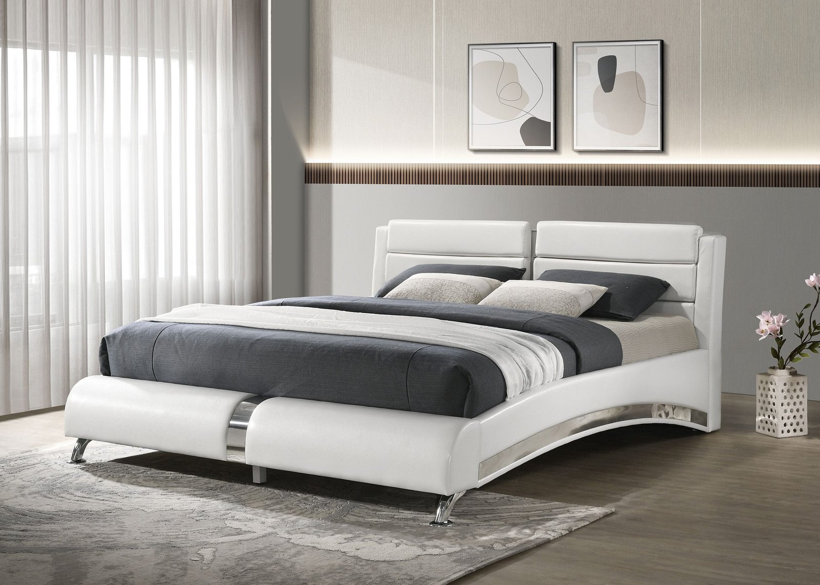 Jeremaine Upholstered Sleigh Bed White & Black