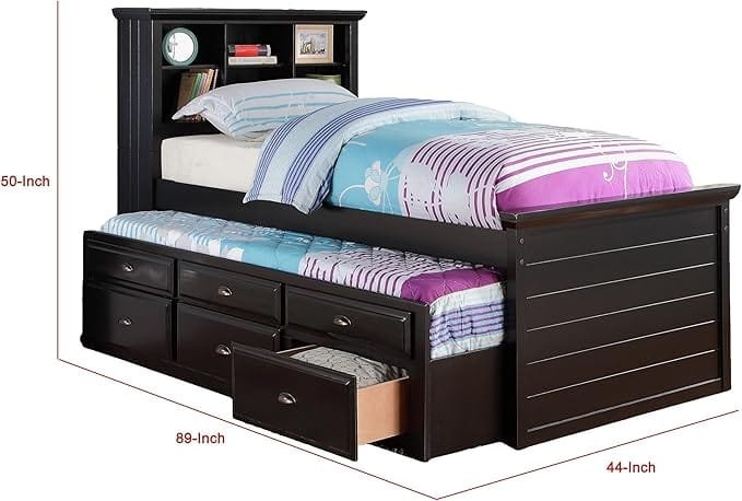 Wood Twin Size Storage Bed,Trundle Bed, Bookcase Headboard Black - Image 2