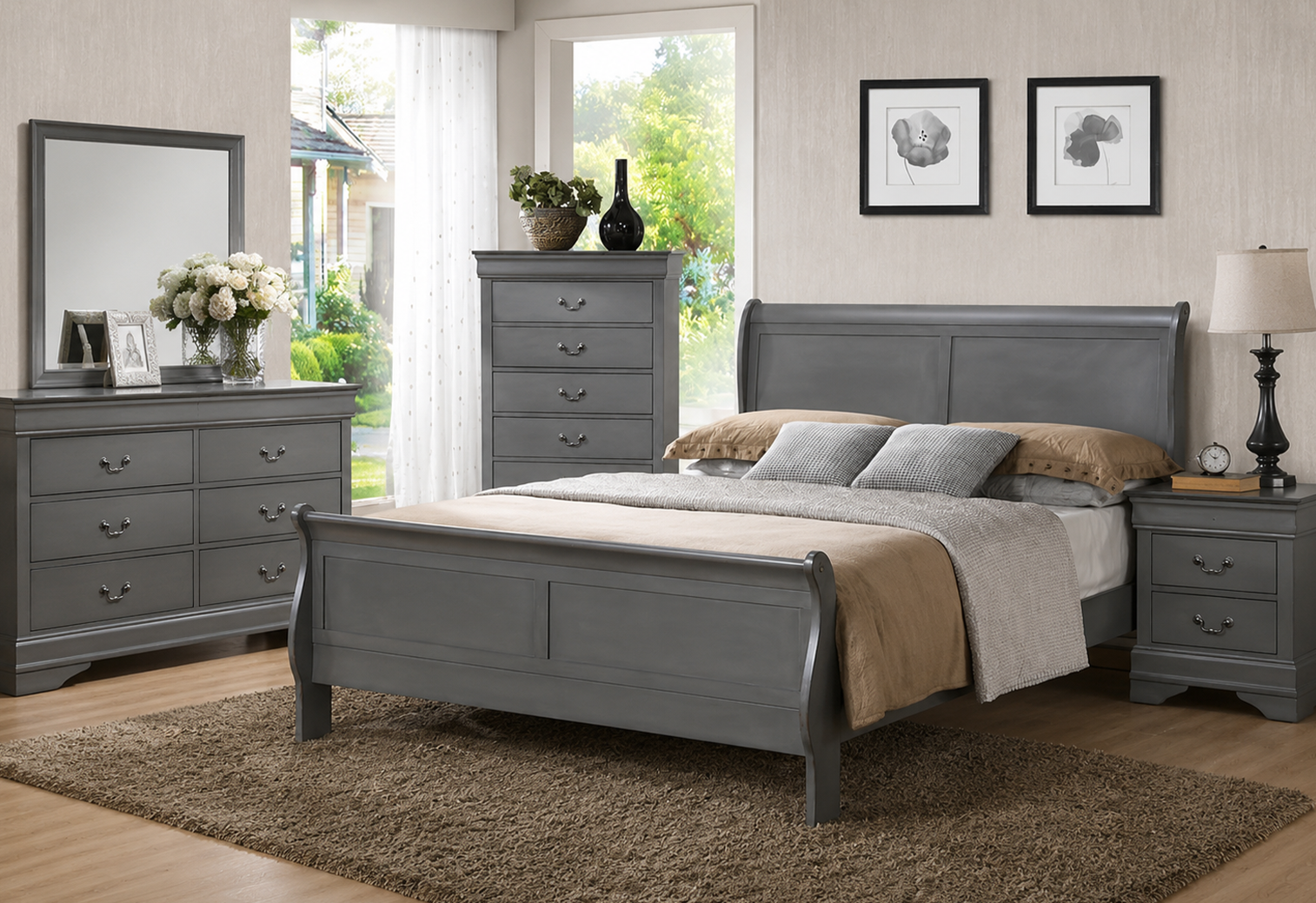 Louis Philippe King Sleigh Bed (Louis Philippe 1190 King Sleigh Bed - Grey)