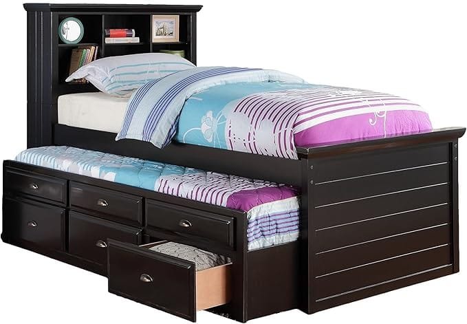 Wood Twin Size Storage Bed,Trundle Bed, Bookcase Headboard Black - Image 3