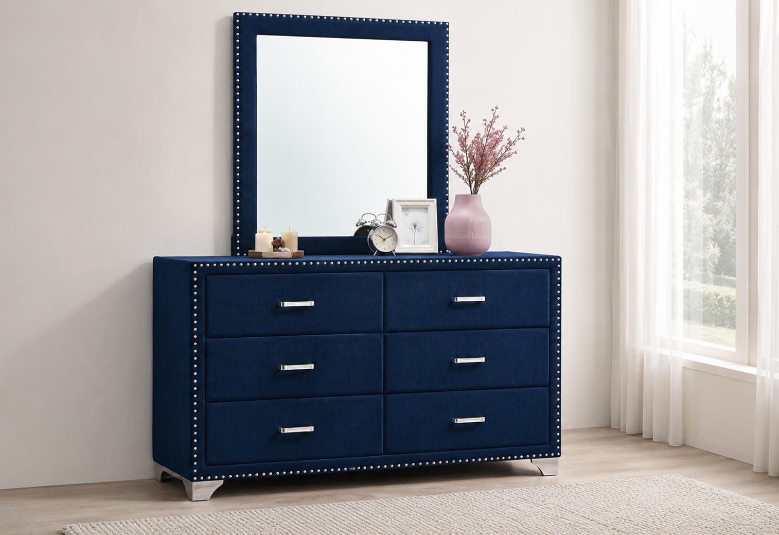 Melody 6-drawer Upholstered Dresser with Mirror Blue