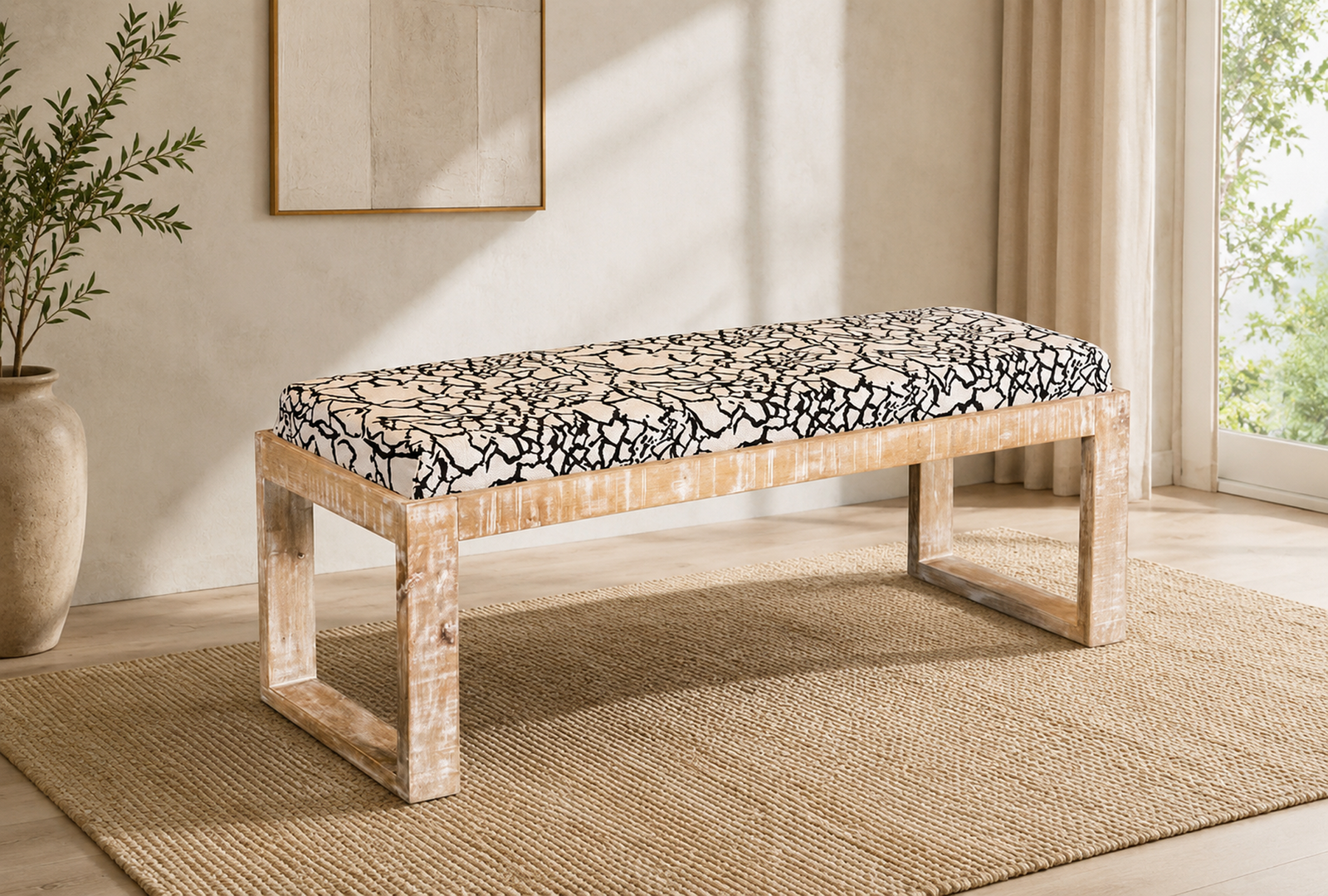 Aiden 914138 Fabric Upholstered Accent Bench - Distressed White
