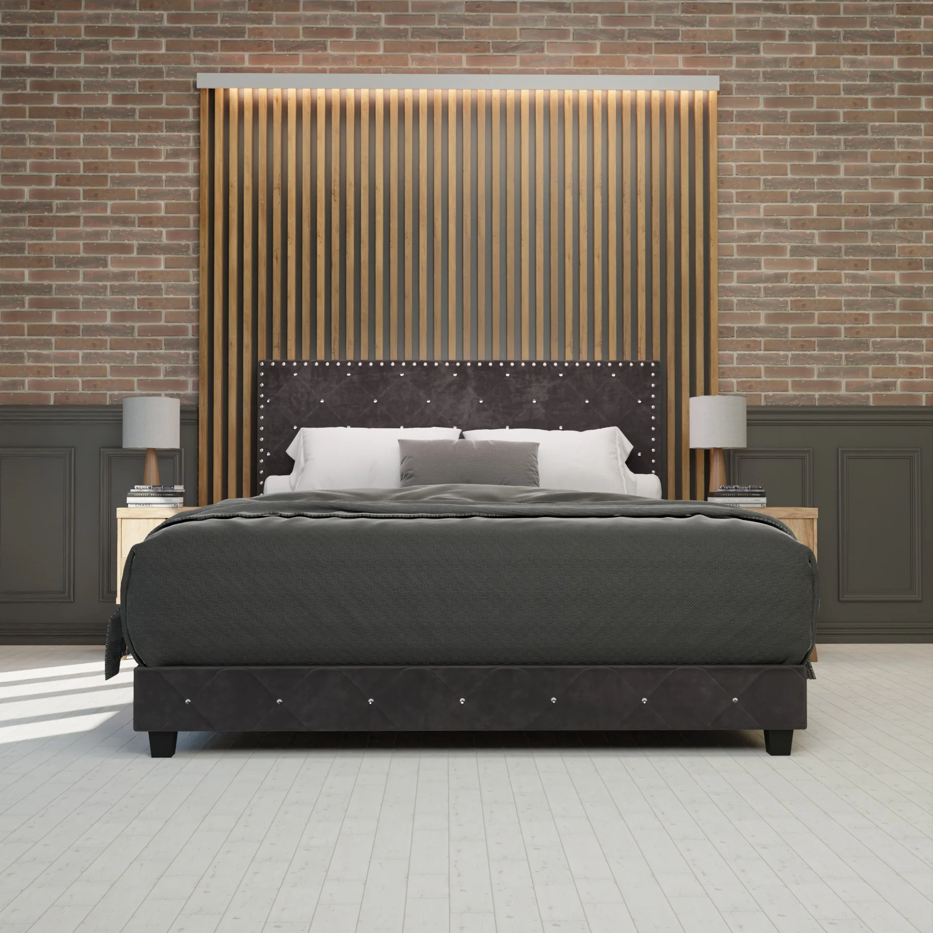 Starlett Velvet Bed With Diamonds Color Grey - Image 2
