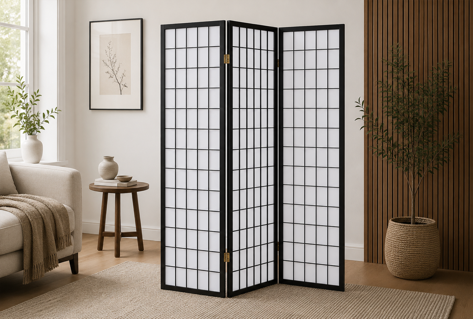 Carrie 4622 3-Panel Room Divider Folding Shoji Screen - Black