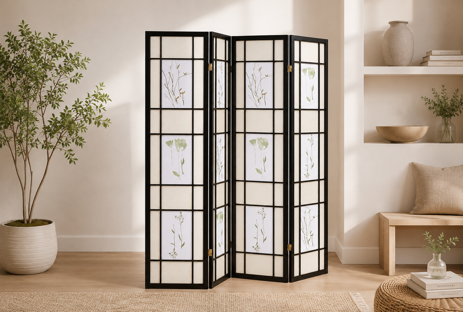 Catabella 4407 4-Panel Room Divider Folding Shoji Screen - Floral