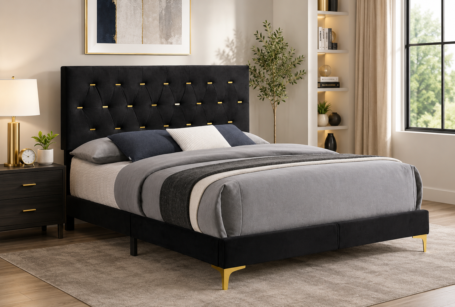 Caraway Wood LED Panel Bed Black & White