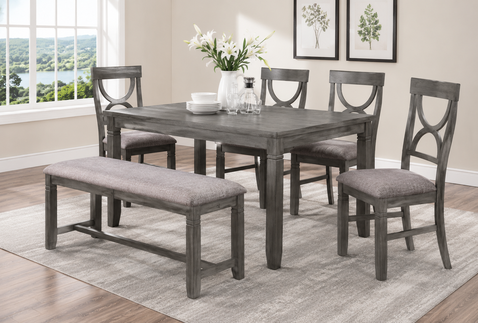 6 Pieces Dining Set (Table+ 4 Chairs +Bench)