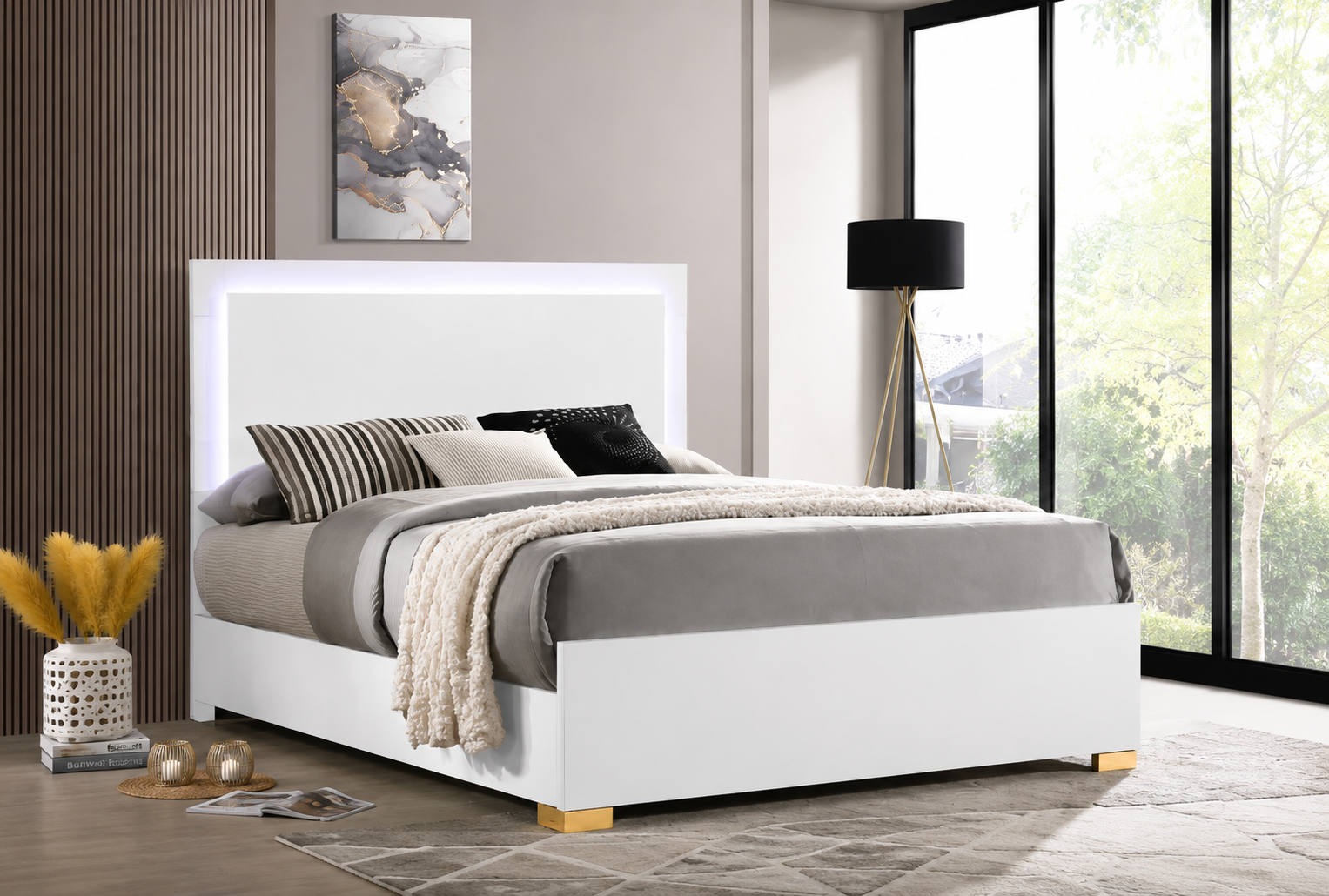 Marceline Wood LED Panel Bed White