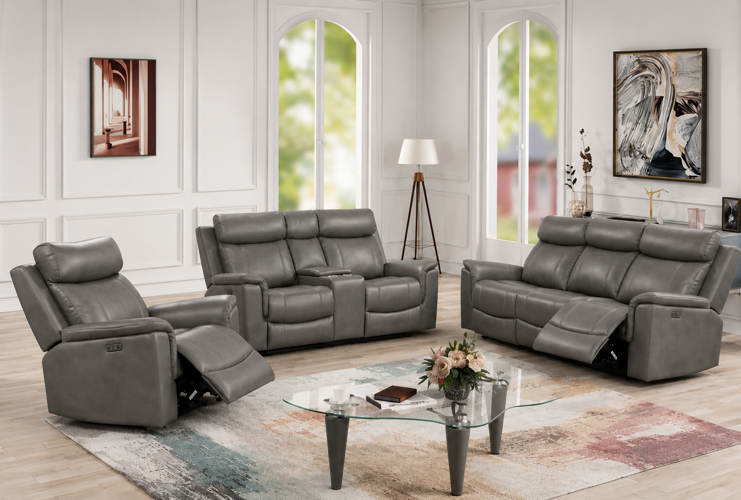 Verona Power Reclining Leather 3-Pcs Set Grey
