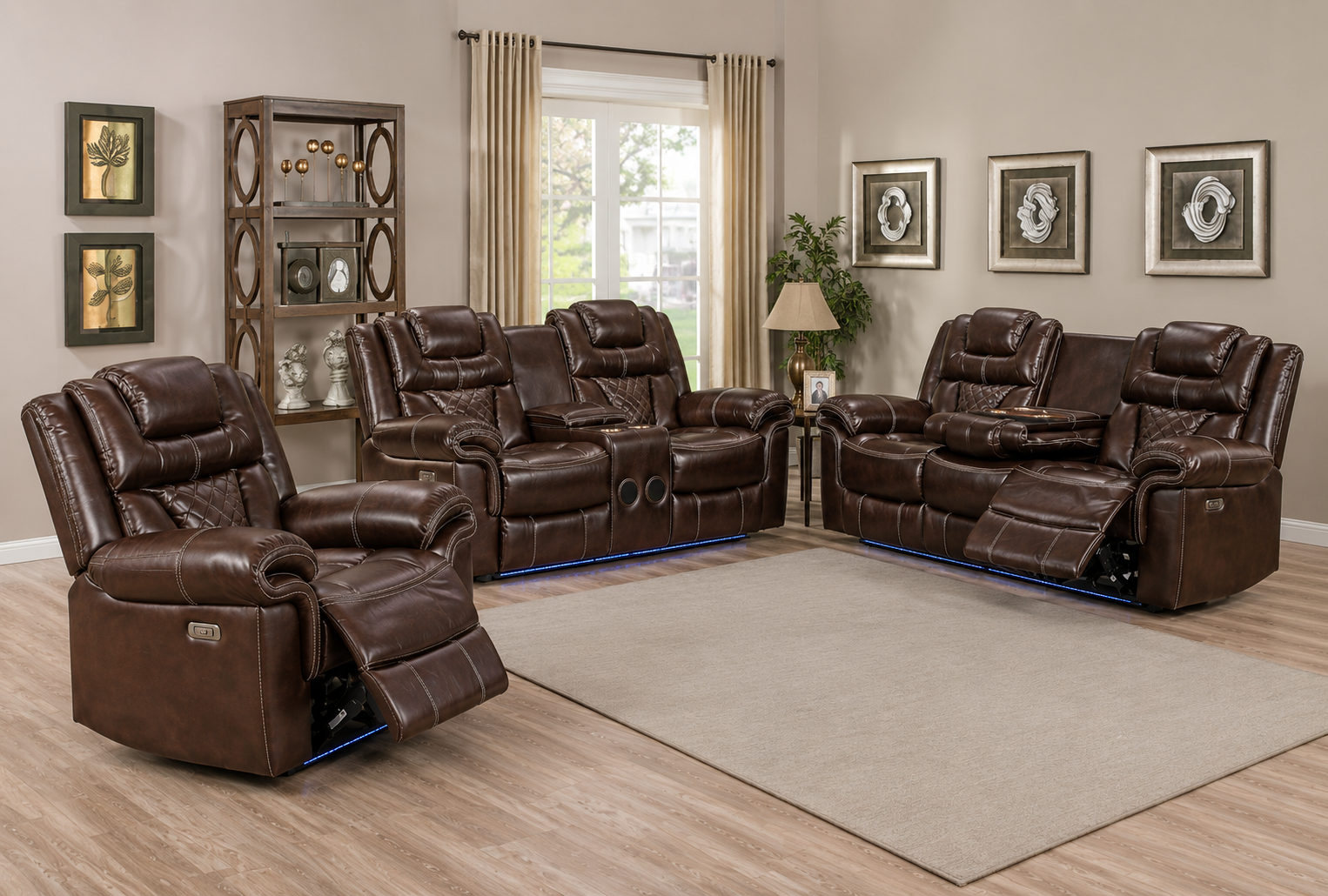 encore Power Reclining Leather 3-Pcs Set Brown