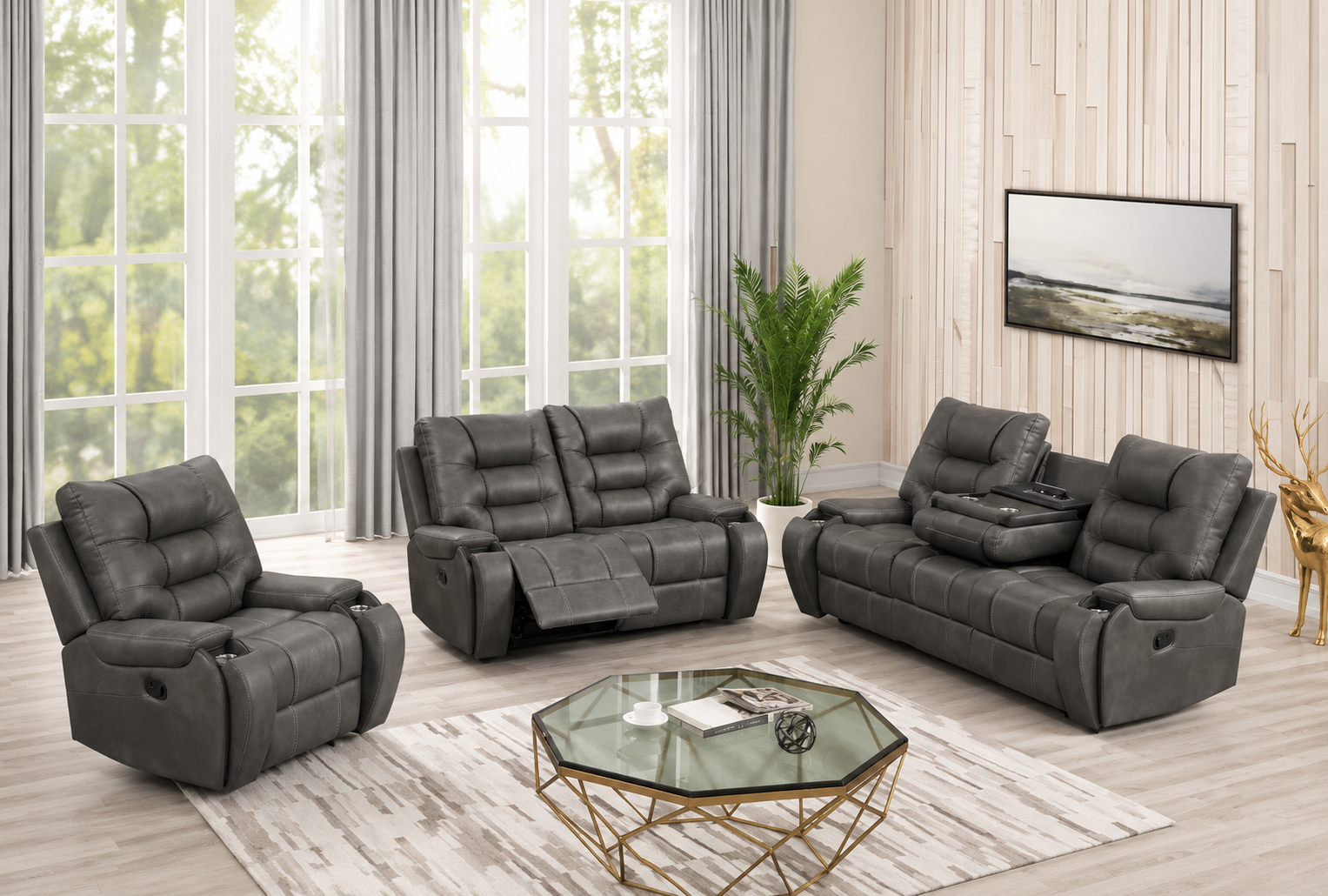 Bronco Power Reclining Leather 3-Pcs Set Grey