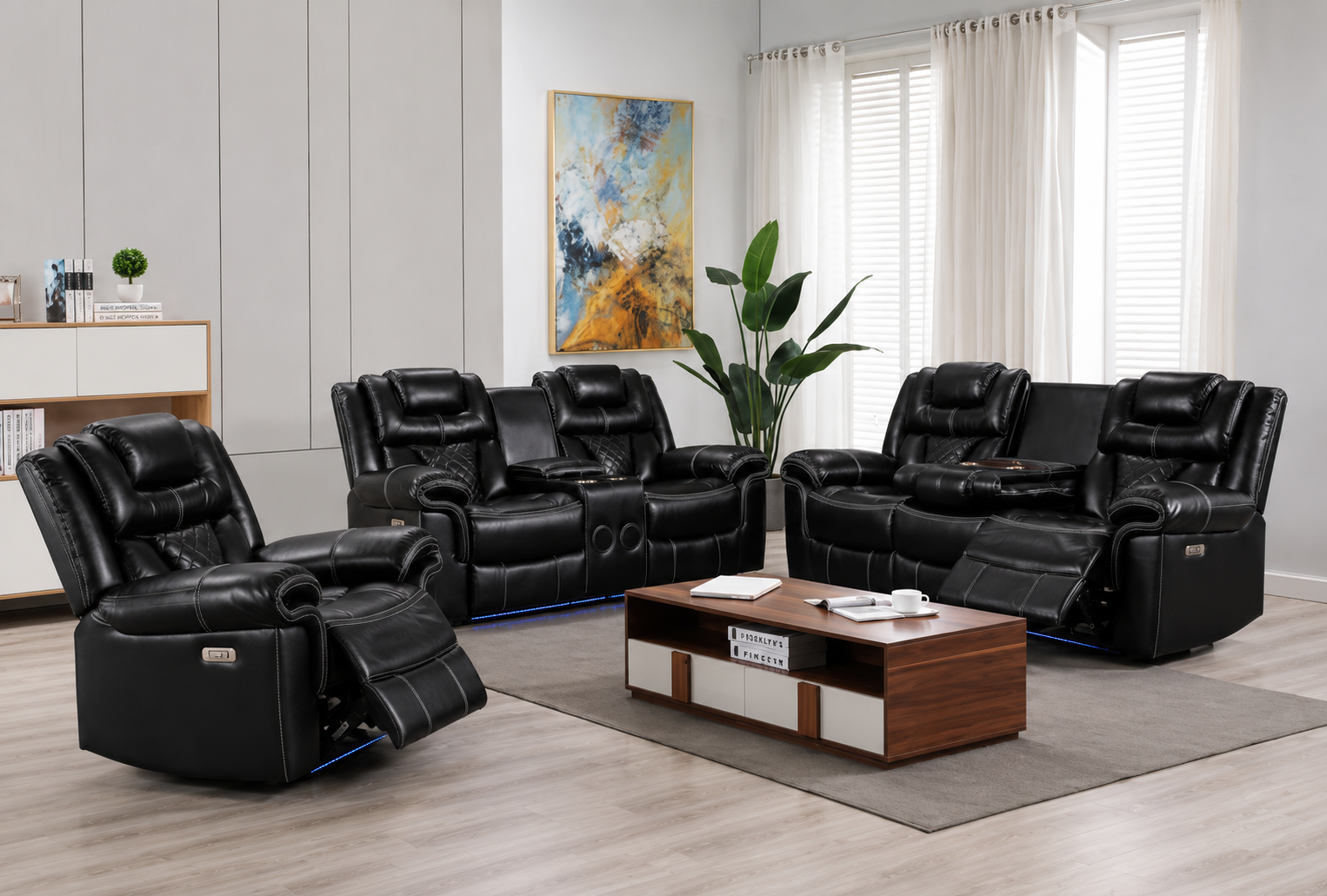 encore Power Reclining Leather 3-Pcs Set Black