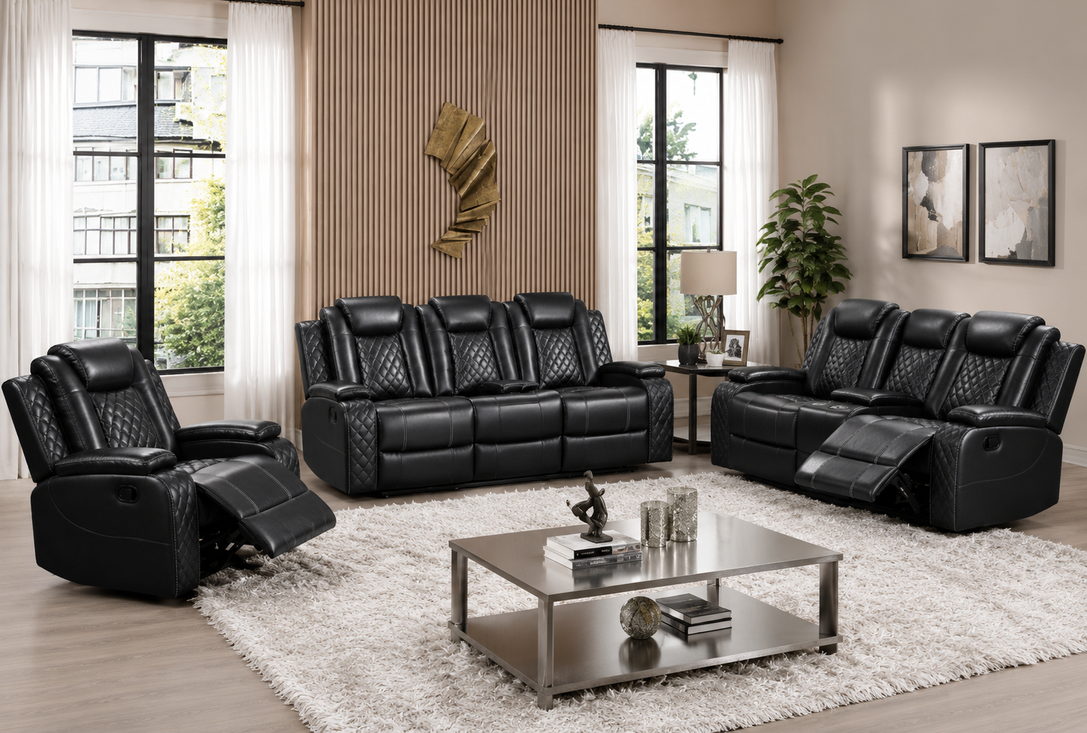 Moonshadow Power Reclining Leather 3-Pcs Set Black
