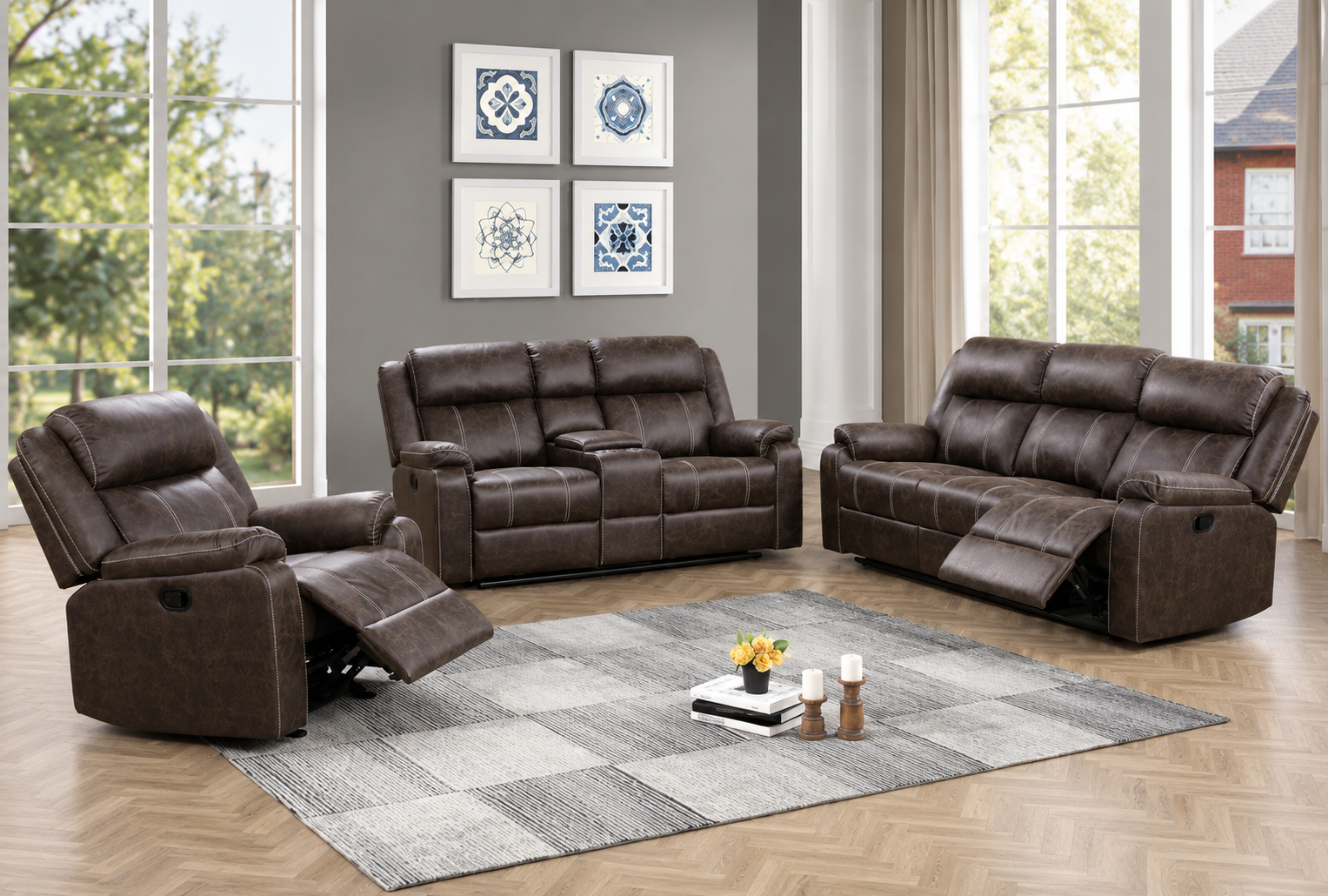 Lucca Power Leather Reclining 3-Pcs Set Brown