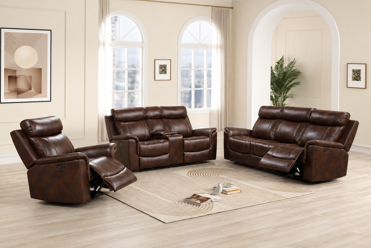 Verona Power Reclining Leather 3-Pcs Set Color Brown