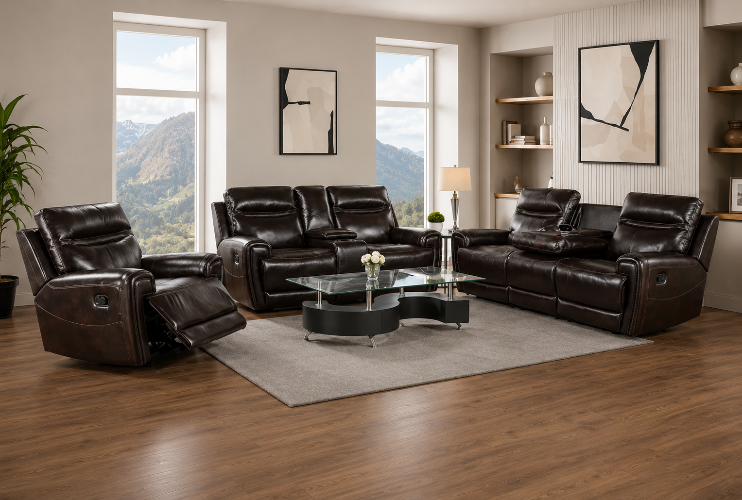 Admiral Power Reclining Leather 3-Pcs Set Black