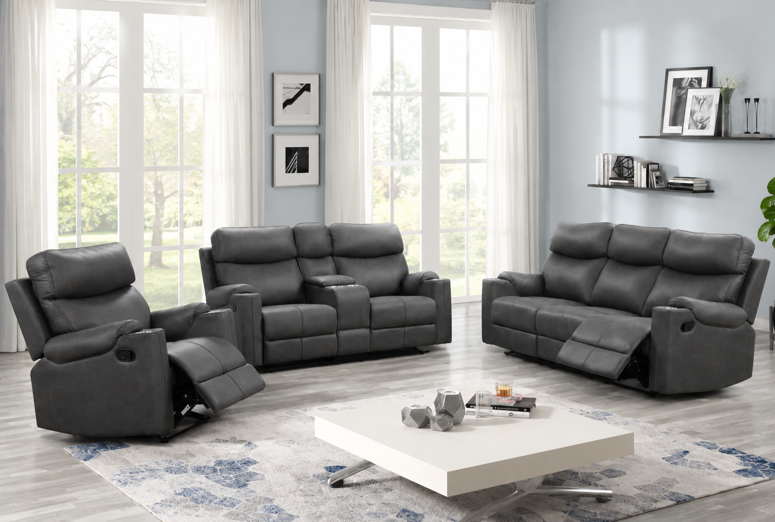 Granada Power Reclining Leather 3-Pcs Set Grey