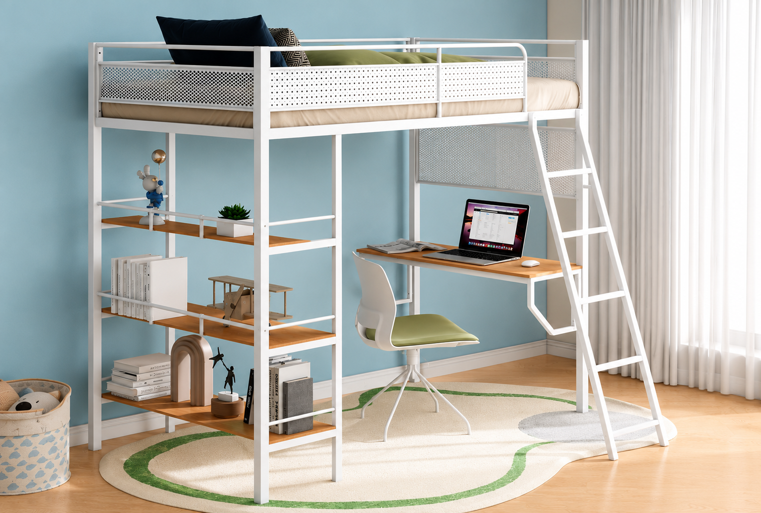 Campus 3-shelf Metal Twin Workstation Loft Bed Matte White