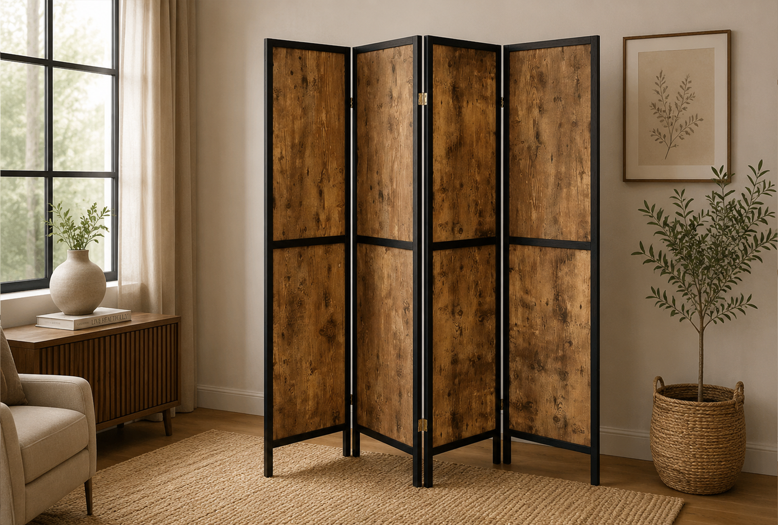 Deepika 961413 4-Panel Room Divider Folding Screen - Rustic Nutmeg
