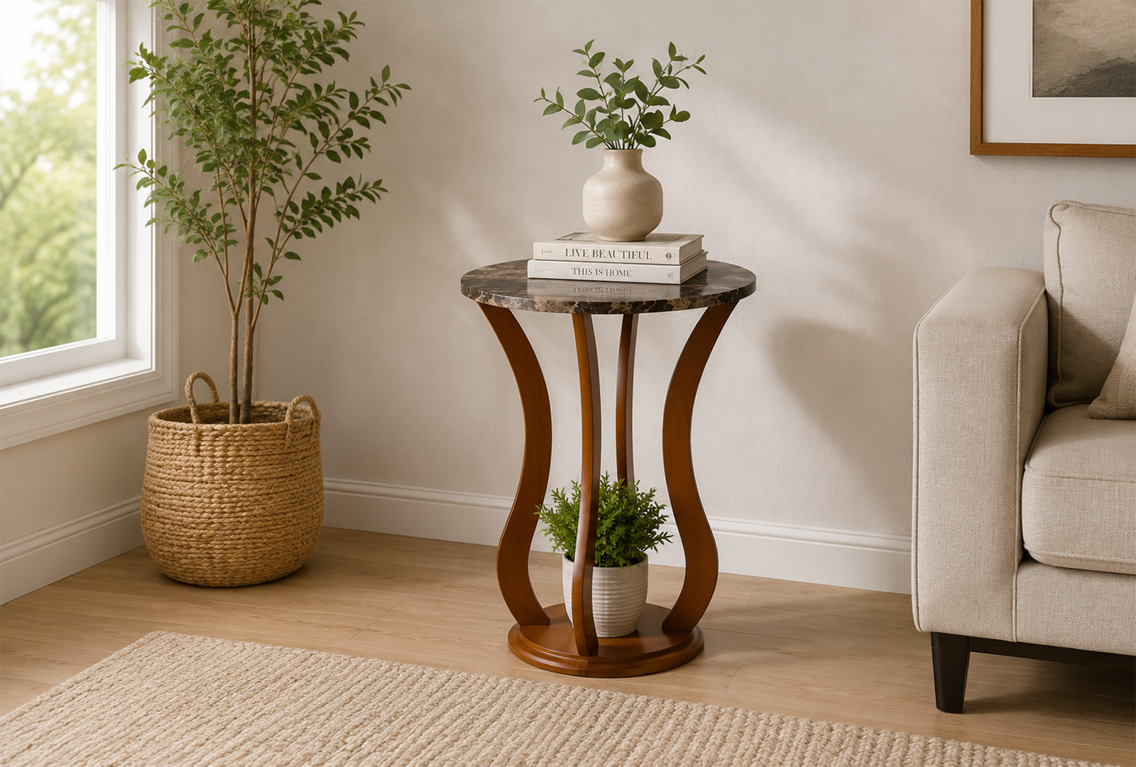 Elton 900926 Round Faux Marble Top Accent Side Table - Brown