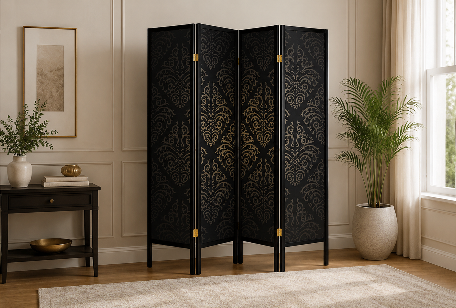 Haidera 901632 4-Panel Room Divider Folding Screen - Black Damask