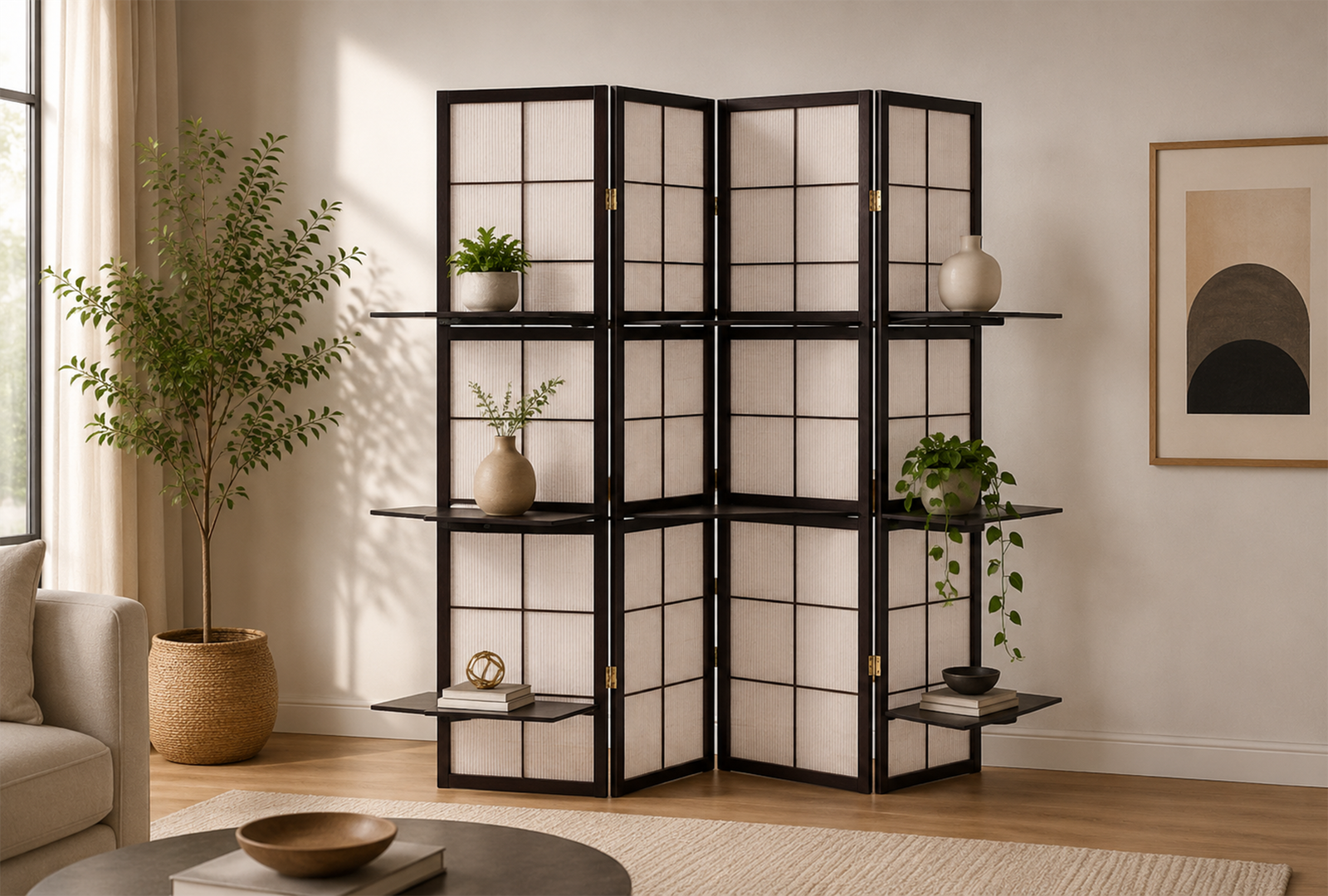 Iggy 900166 4-Panel Room Divider Folding Shoji Screen - Cappuccino