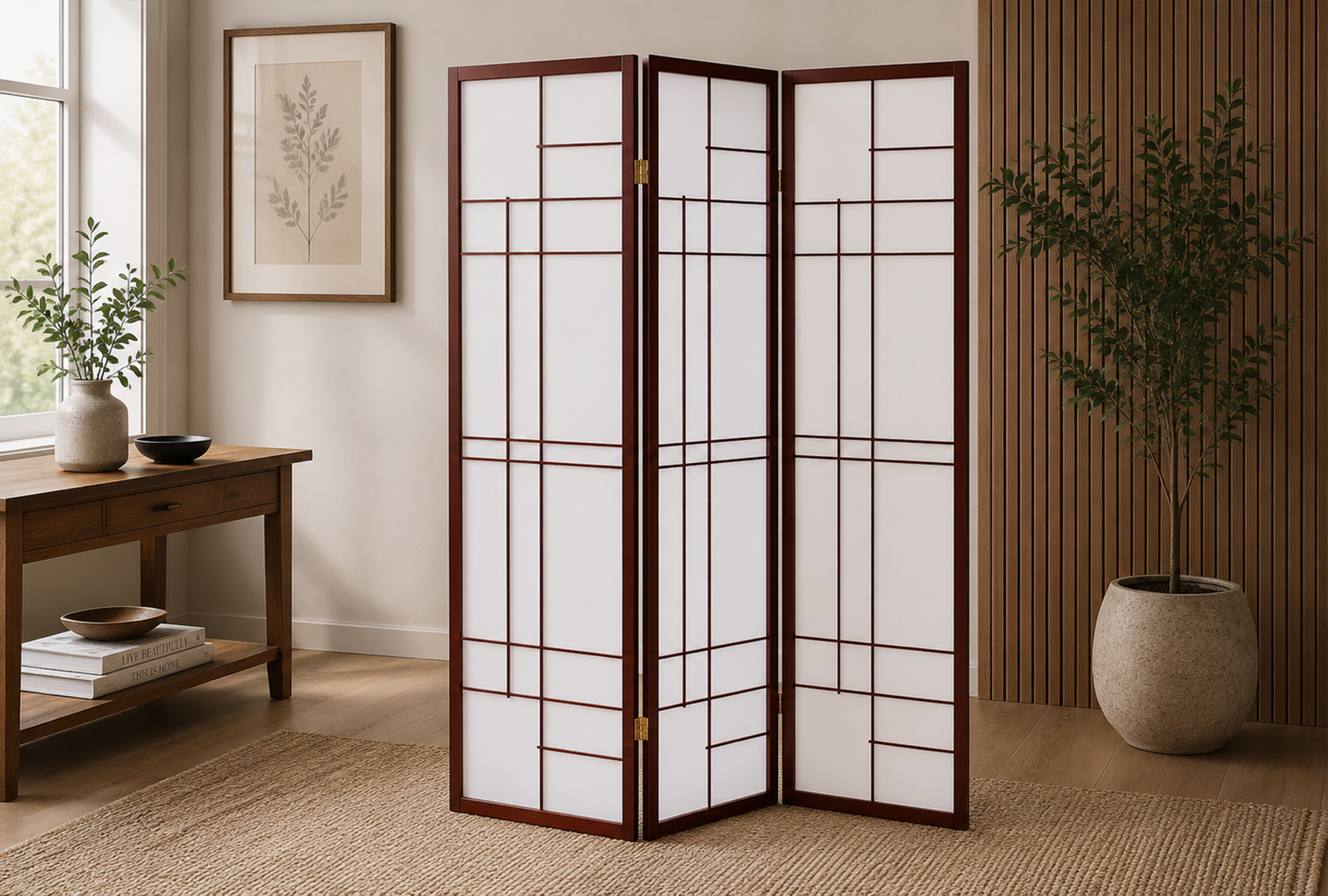 Katerina 900110 3-Panel Room Divider Folding Shoji Screen - Cherry
