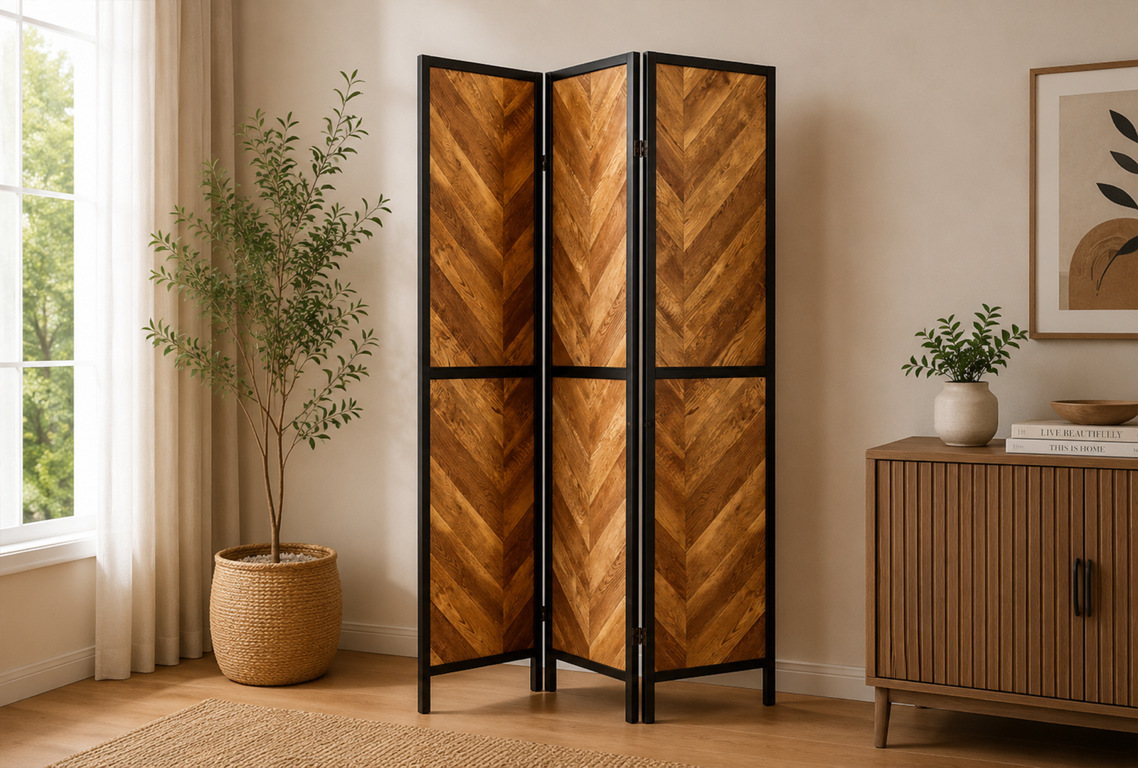 Marlene 962922 3-Panel Room Divider Folding Screen - Rustic Tobacco