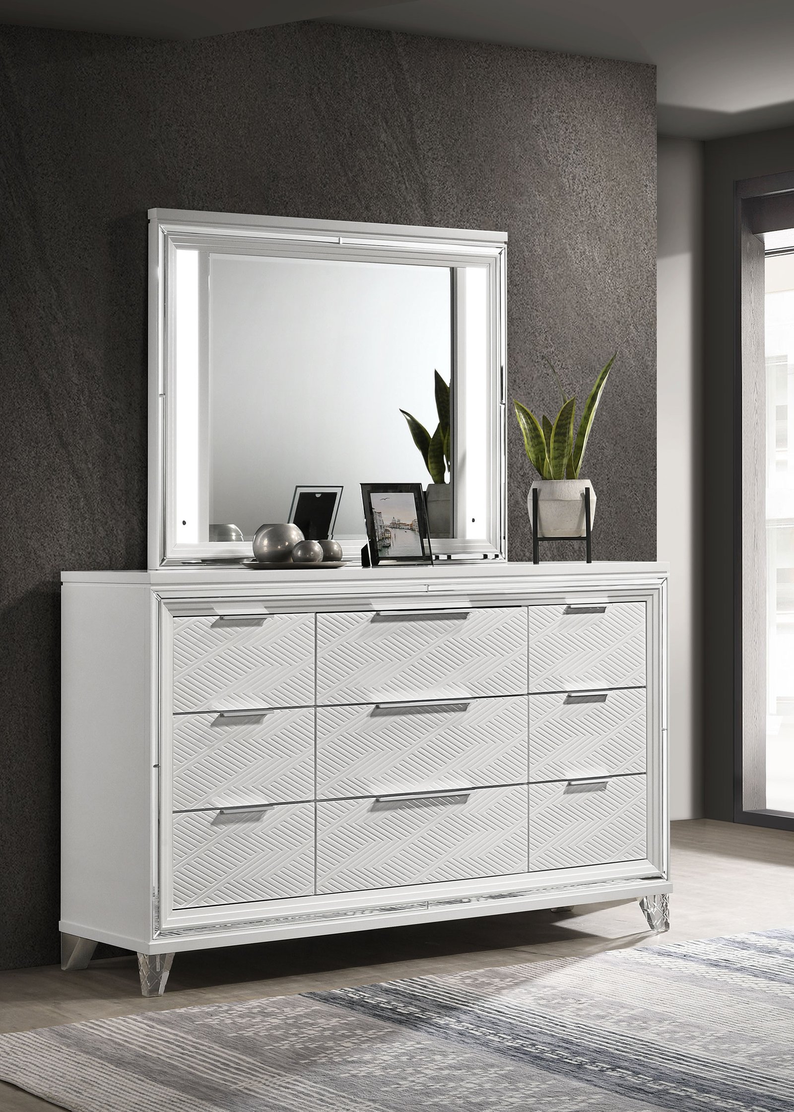 Marmore 9-drawer Dresser and LED Mirror White Dresser