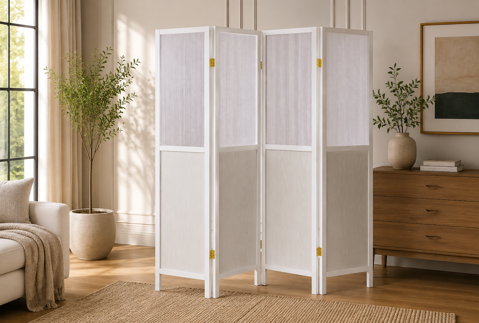 Mattison 960122 4-Panel Room Divider Folding Shoji Screen - White