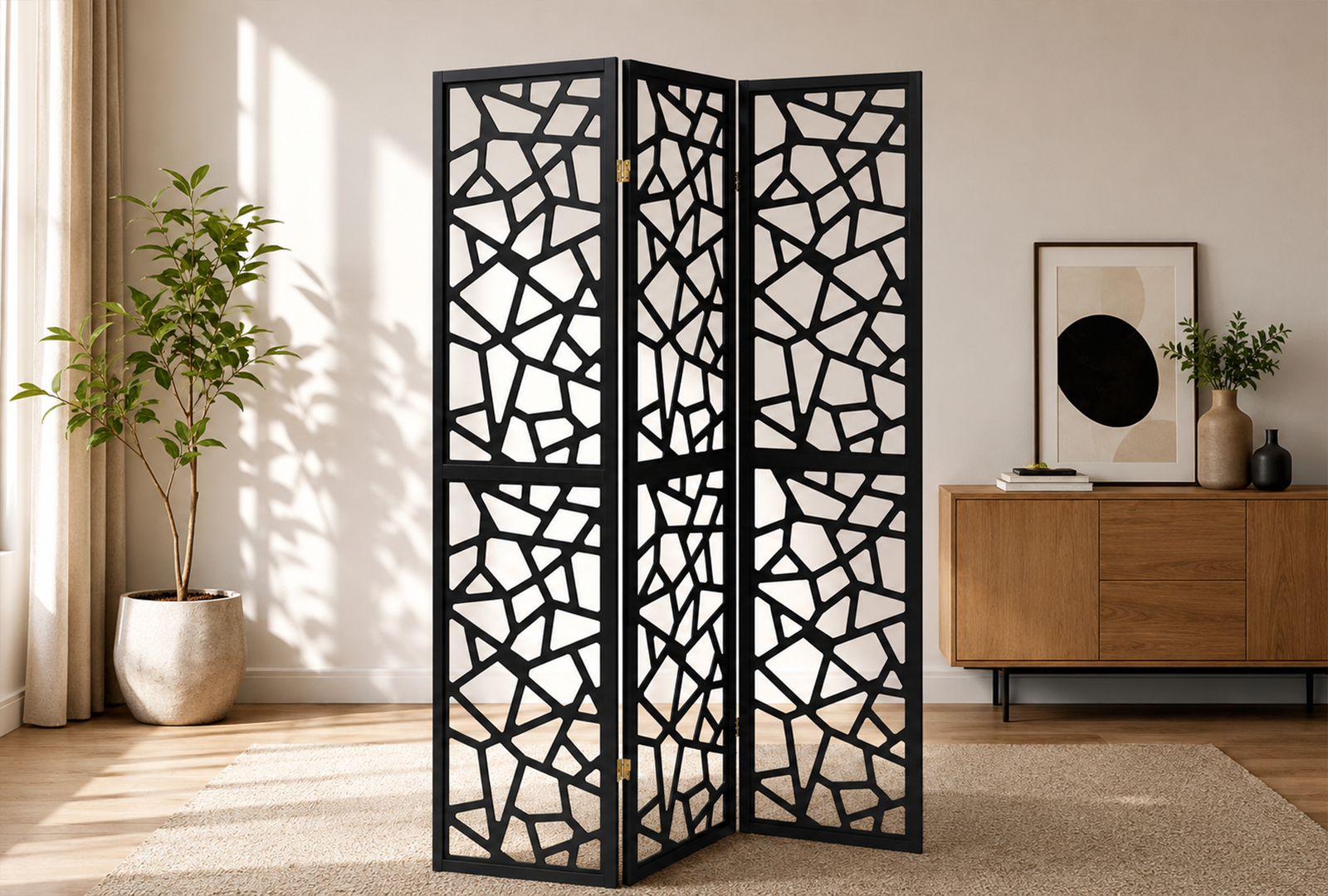 Nailan 900092 3-Panel Room Divider Folding Screen - Black Open Mosaic