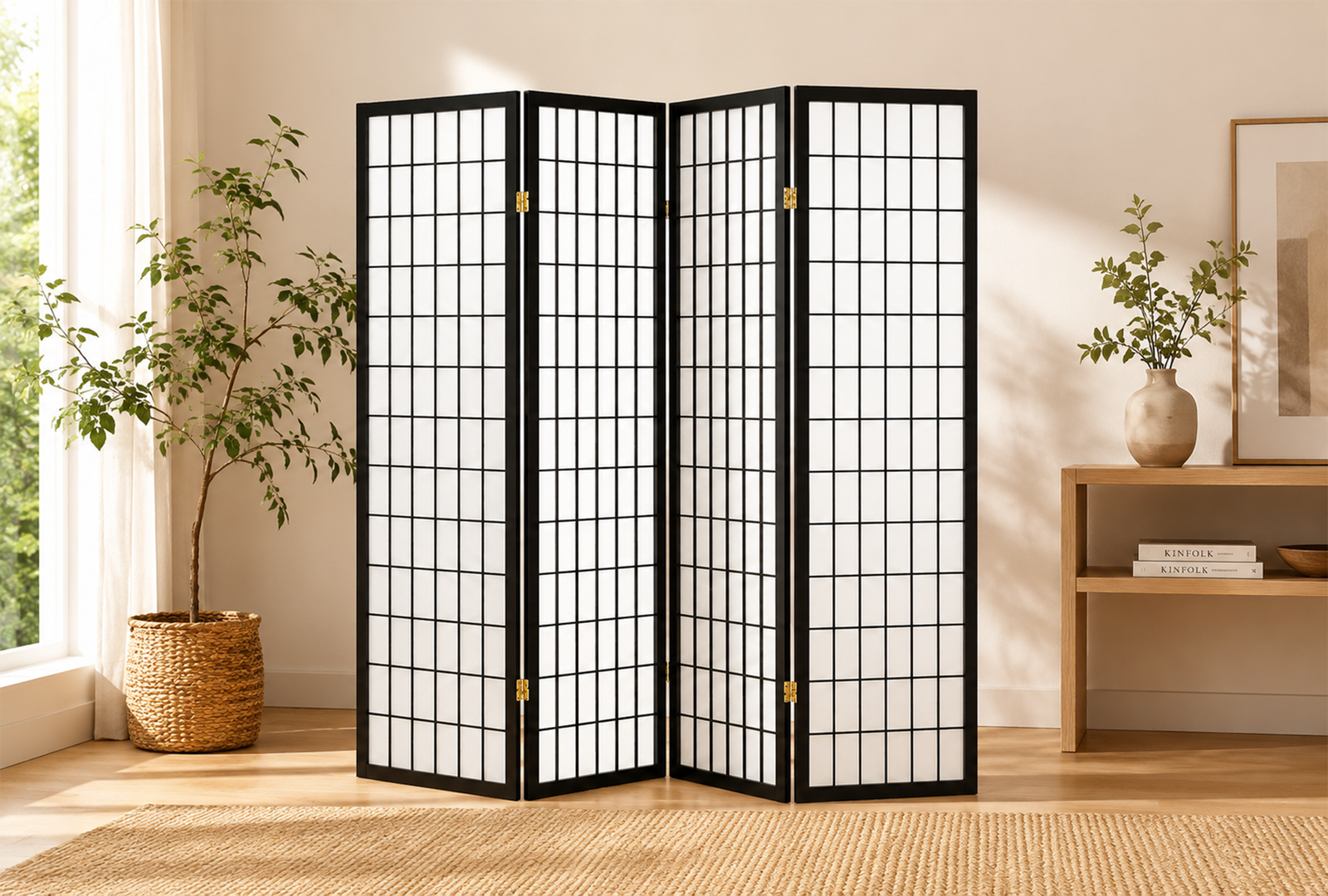 Roberto 4624 4-Panel Room Divider Folding Shoji Screen - Black