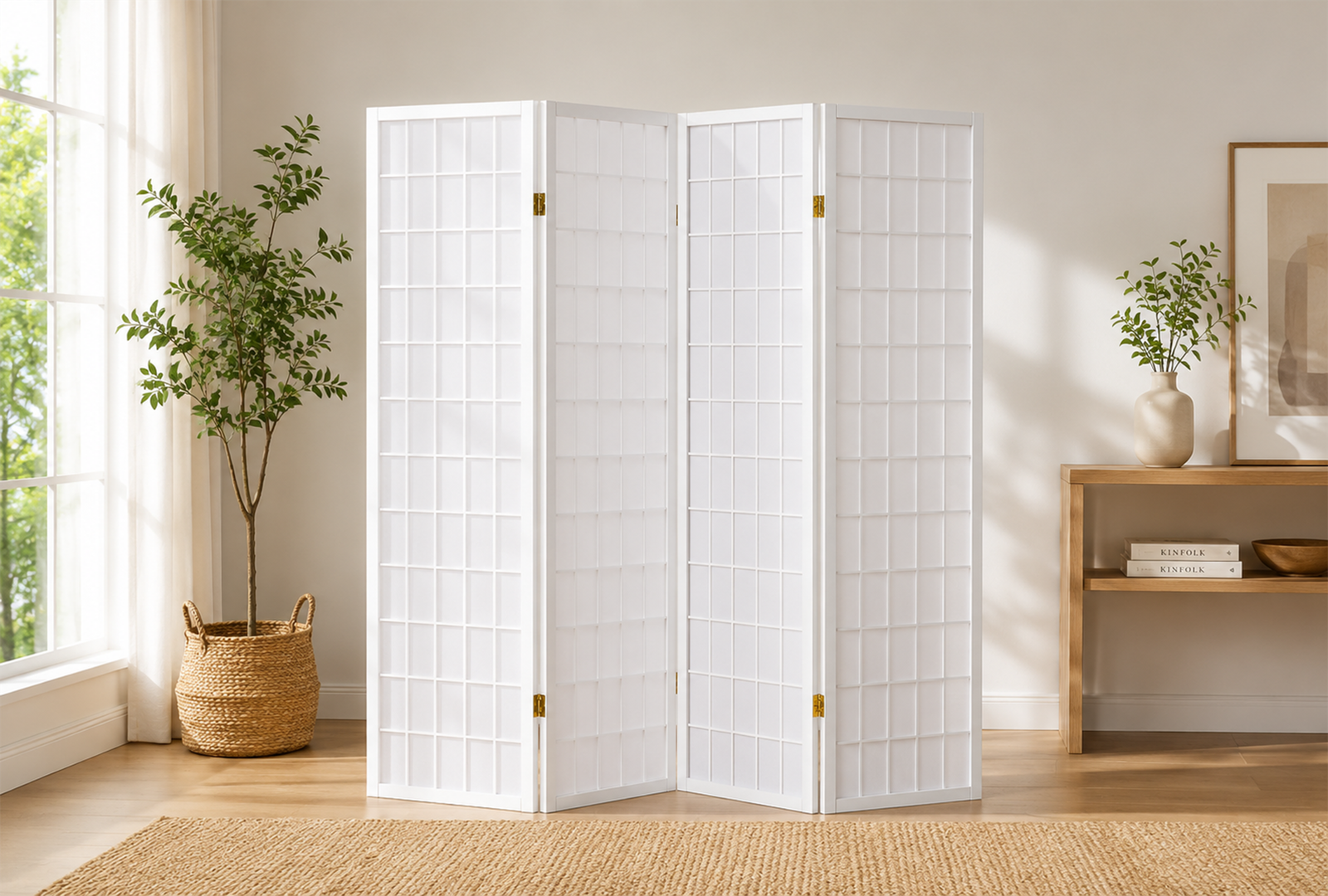 Roberto 902626 4-Panel Room Divider Folding Shoji Screen - White