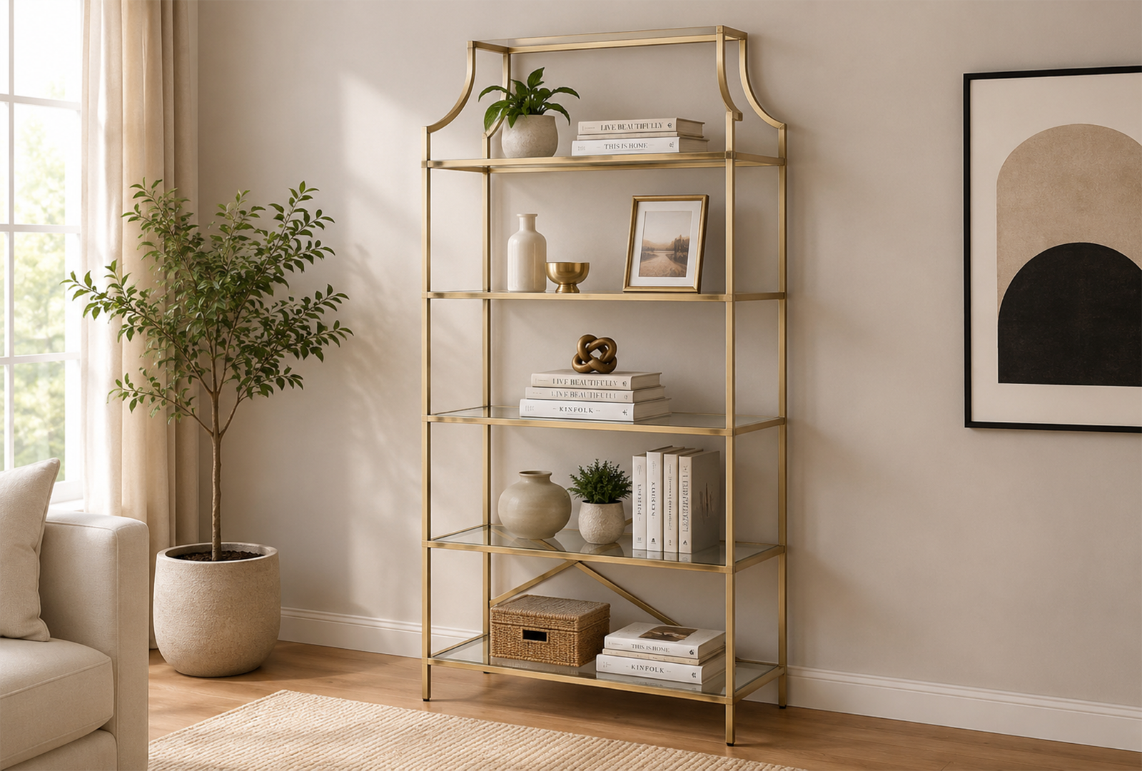 Serena 804393 70-inch 5-shelf Glass Bookshelf - Gold
