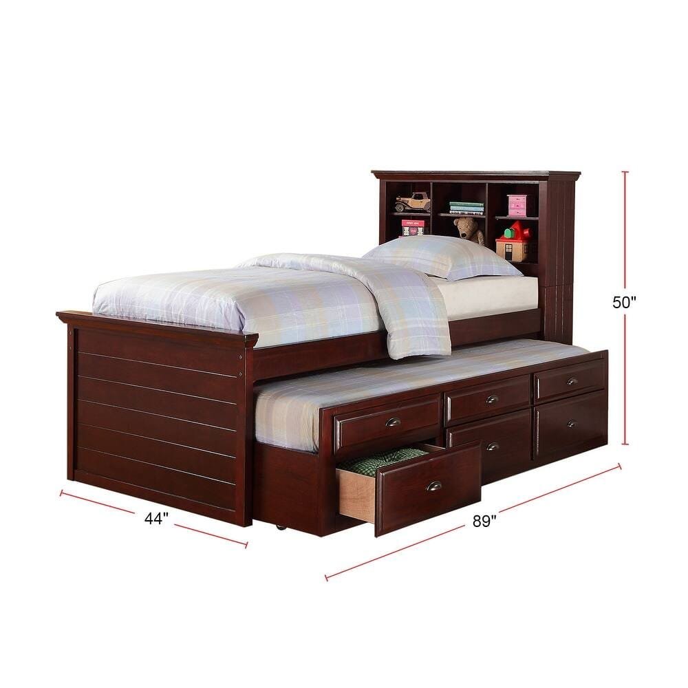 Wood Twin Size Storage Bed,Trundle Bed, Bookcase Headboard, Dark Brown - Image 3