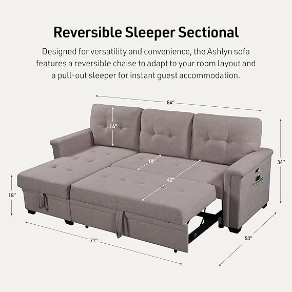 Ashlyn Light Gray Linen Sleeper Sectional - Image 2