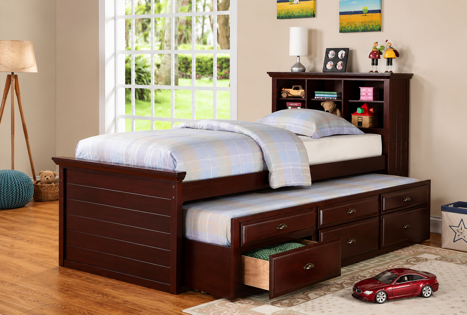 Wood Twin Size Storage Bed,Trundle Bed, Bookcase Headboard, Dark Brown