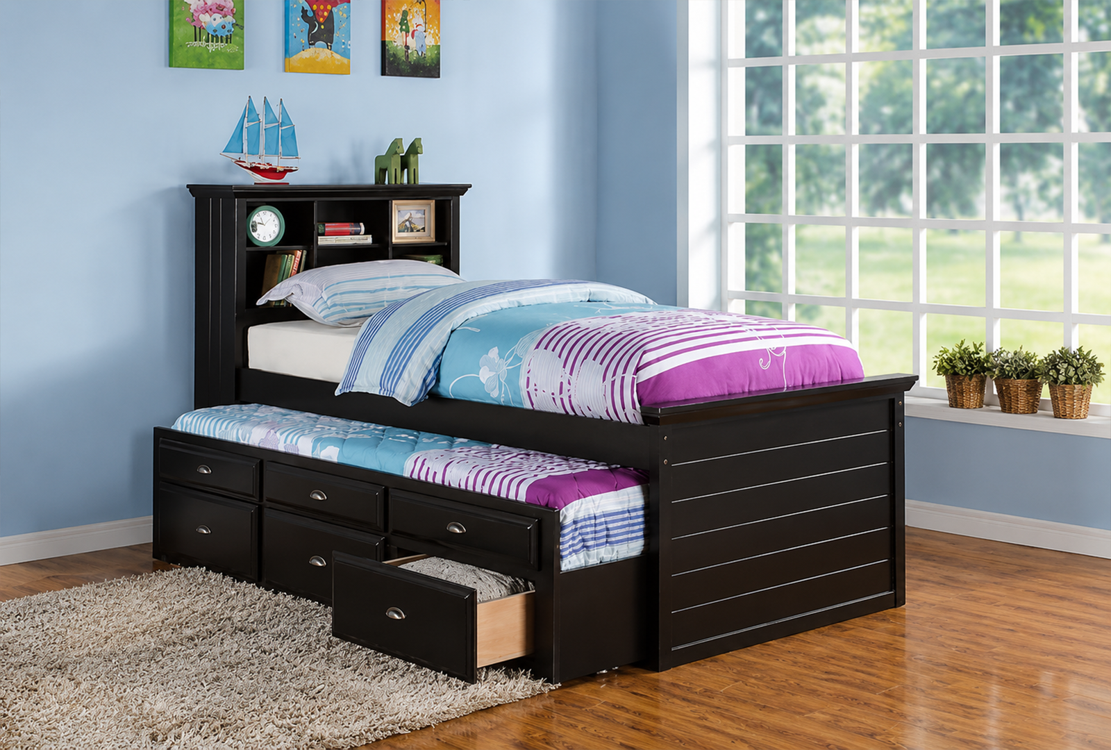 Wood Twin Size Storage Bed,Trundle Bed, Bookcase Headboard Black